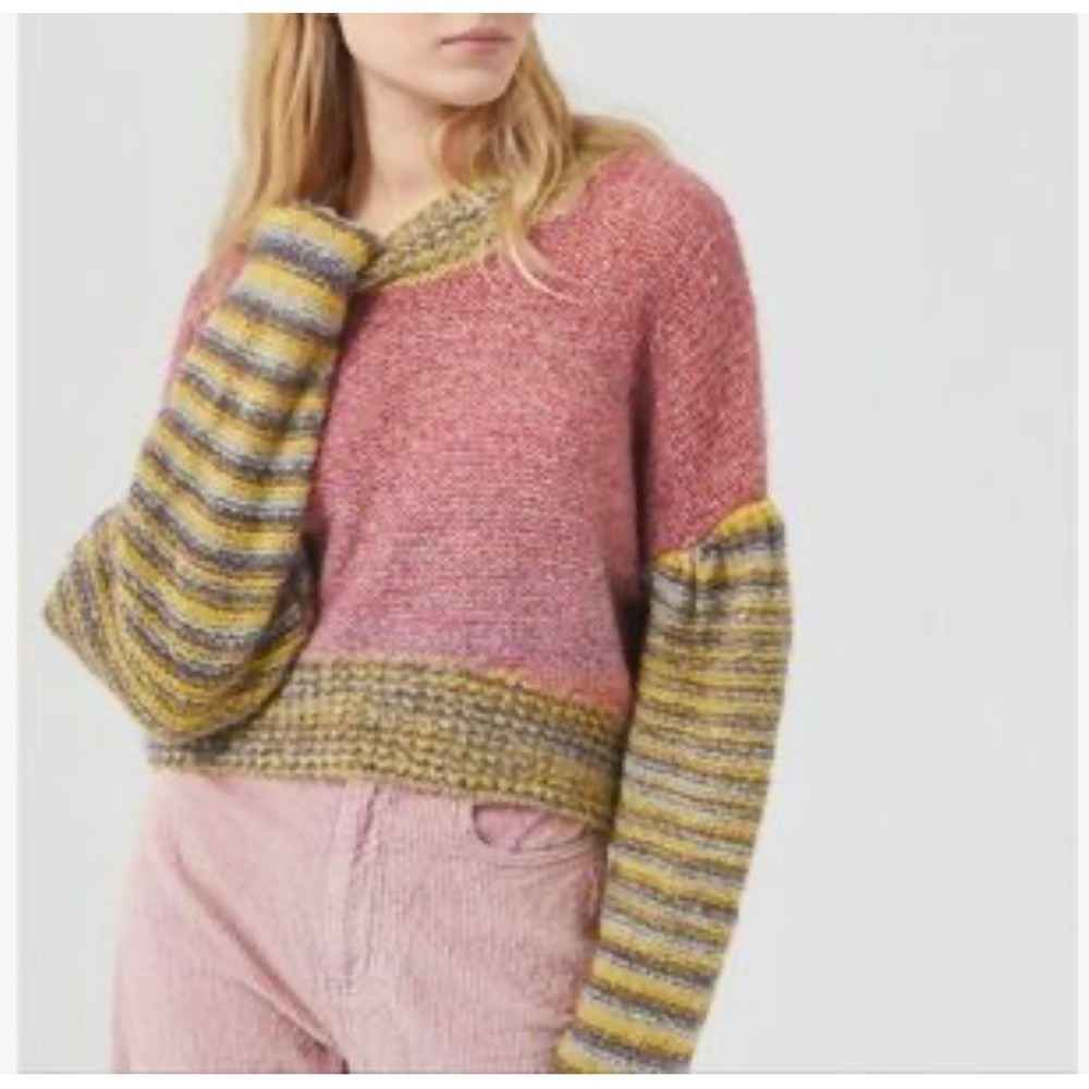 Urban Outfitters Sweater Women Medium Pink Yellow Striped Cropped Knit Pullover